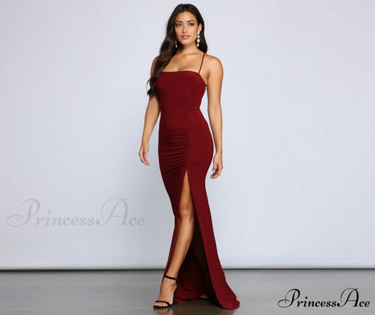 Gia Lace-Up Stylish Formal High-Slit Dress WINE / XS