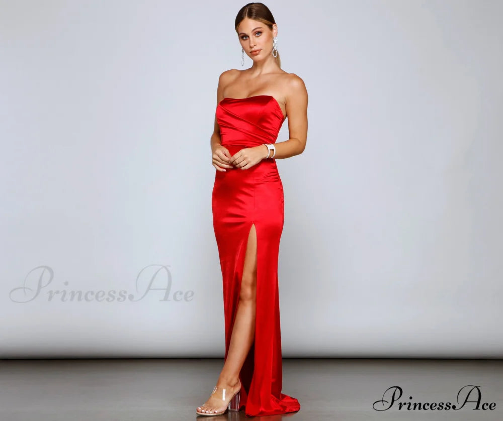 Gianna Strapless Stylish High-Slit Satin Dress RED / XS