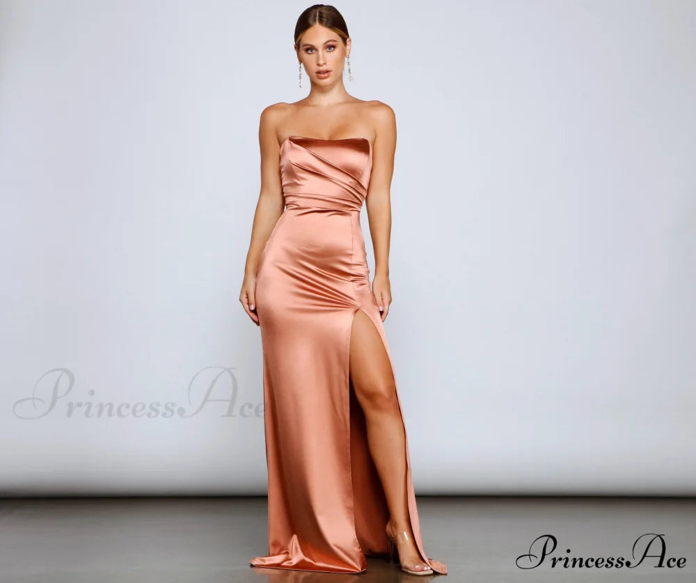 Gianna Strapless Stylish High-Slit Satin Dress ROSE GOLD / XS