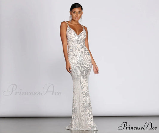 Ginger Sequin Stylish Mesh Strappy Gown SILVER / XS