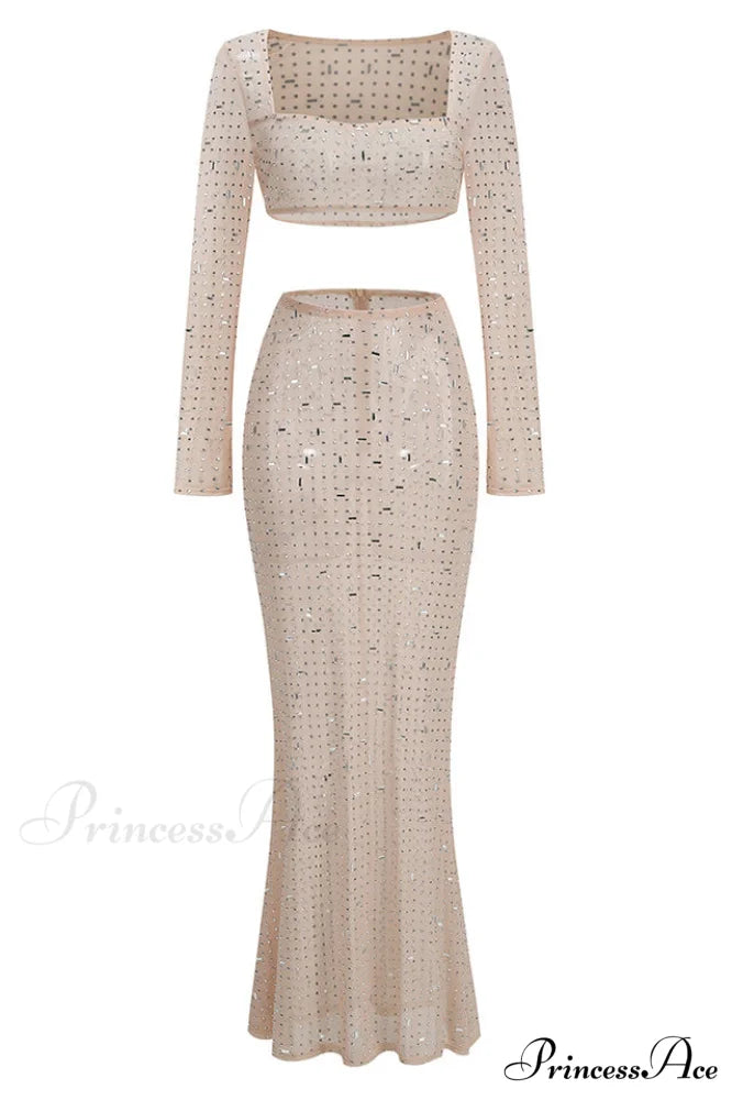 Giulia Sheer Embellished Charming Top + Skirt Set S / Nude