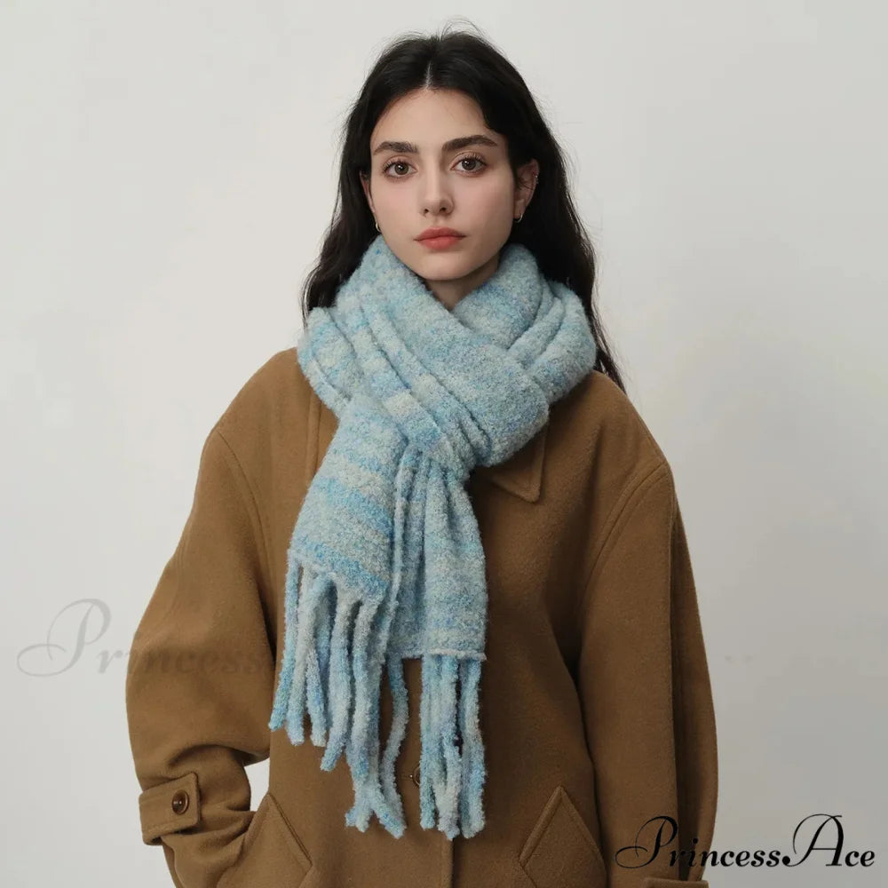 Glacier Blue Knitted Wool Scarf with Tassels for Women Blue green / L215CM W27CM