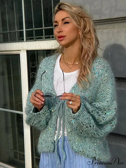 Glitter Lace Up Elegant V-neck Cardigan