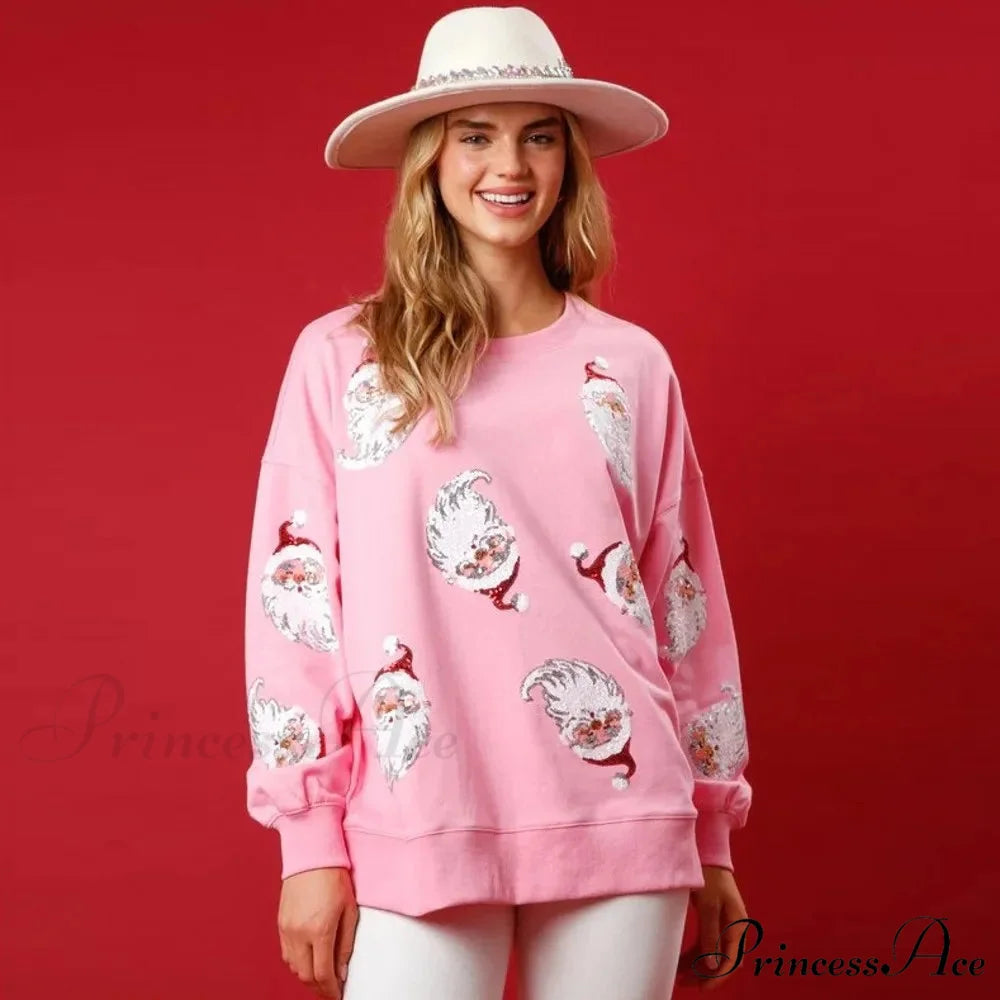 Glitter Patchwork Vintage Harajuku Slim Long Sleeve Streetwear Christmas Hoodie Pink / S Christmas Hoodies-L