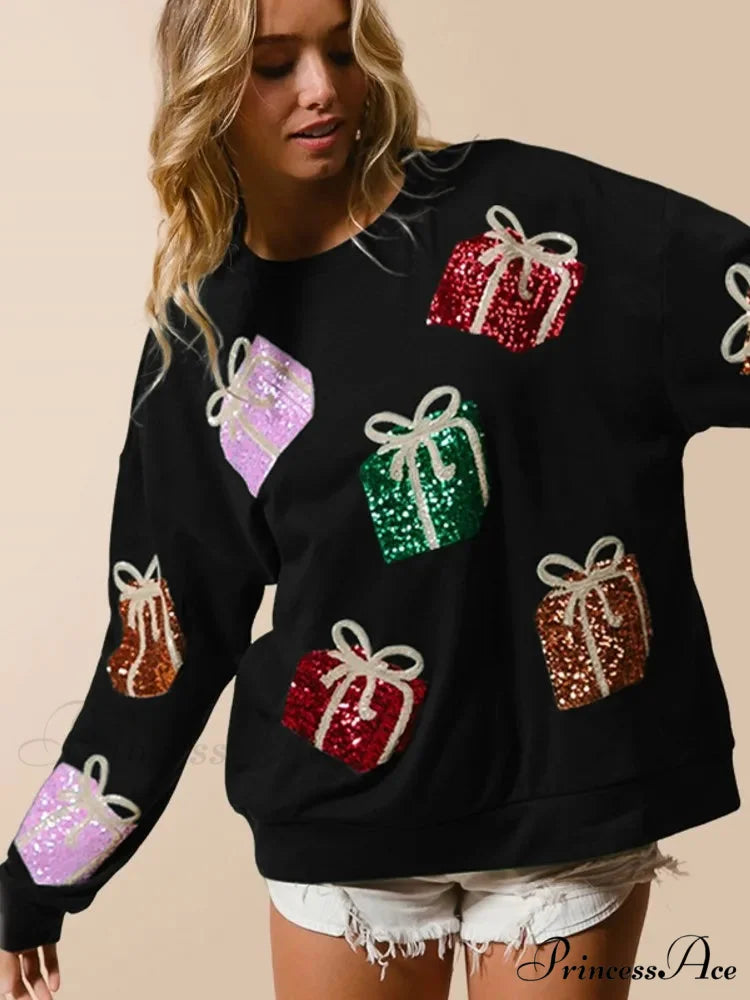 Glitter Patchwork Vintage Harajuku Slim Streetwear Long Sleeve Christmas Hoodie Christmas Hoodies-L