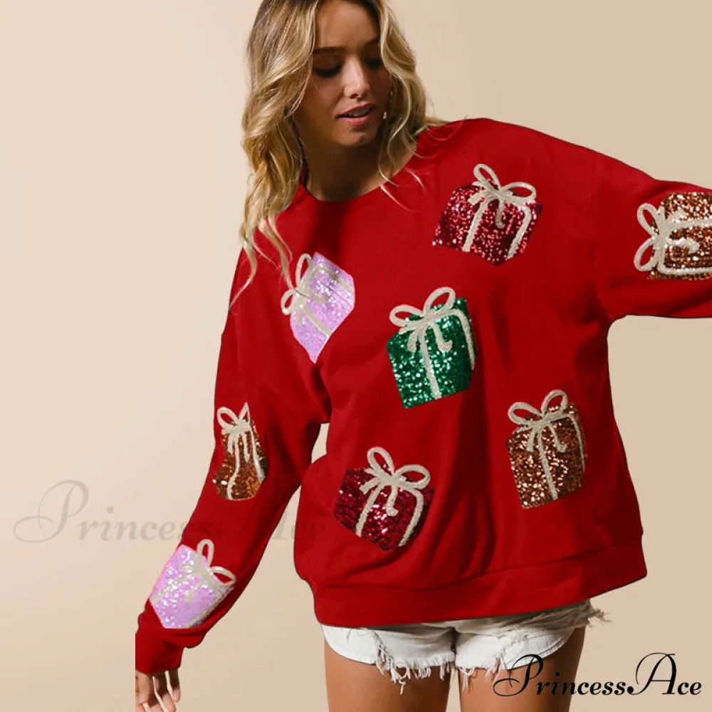 Glitter Patchwork Vintage Harajuku Slim Streetwear Long Sleeve Christmas Hoodie Red / S Christmas Hoodies-L