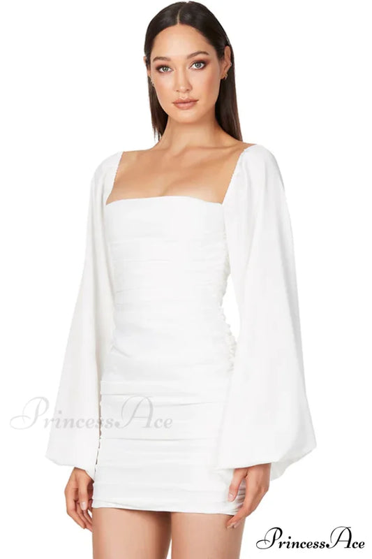 Glossy Satin Square Charming Neck Mini Dress S / White