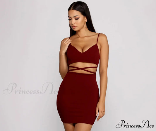 Go All Out Waist Graceful Cut Out Crepe Mini Dress BURGUNDY / XS