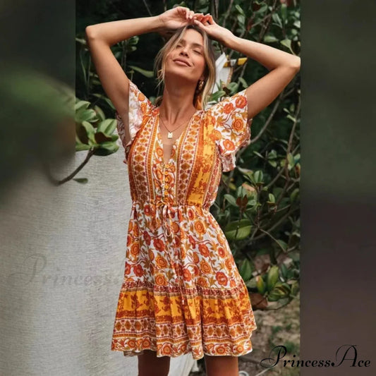 Golden Floral Lace-up Rayon Bohemian Dress bohodress-250126