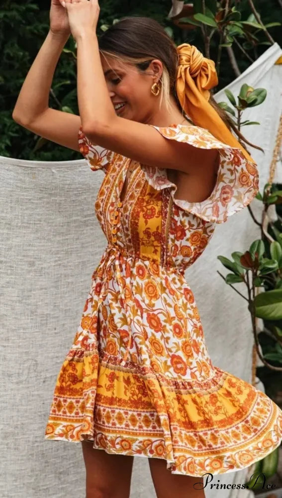 Golden Floral Lace-up Rayon Bohemian Dress bohodress-250126