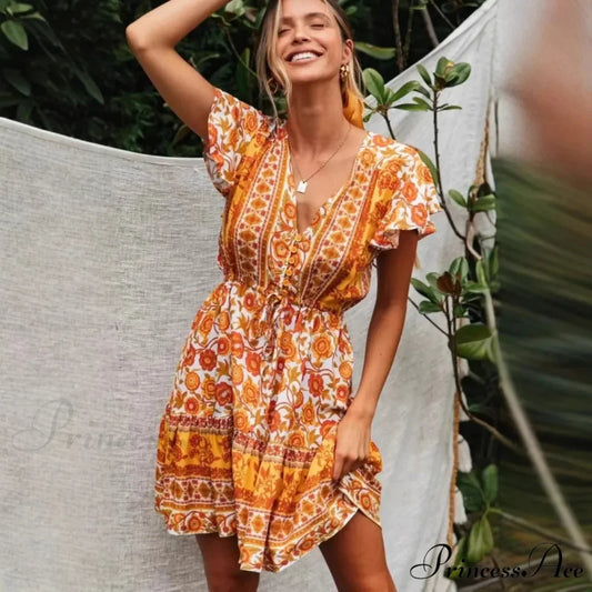 Golden Floral Lace-up Rayon Bohemian Dress Yellow / S bohodress-250126