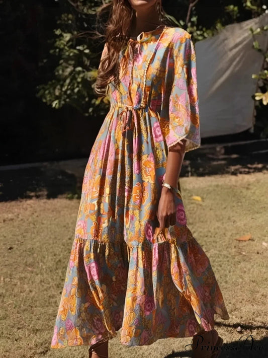 Golden Floral Pattern Batwing Sleeve Seaside Summer Maxi Boho Dress Purple / S bohodress-250126