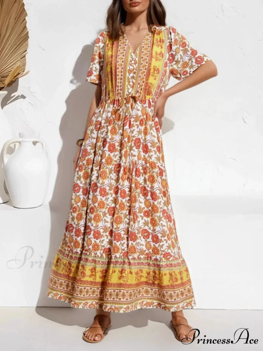 Golden Floral Pattern Frill Sleeve Pleated Summertime Maxi Bohemian Dress Yellow / S bohodress-250126