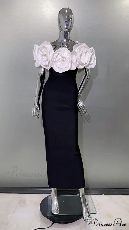 Golden Flower Off-Shoulder Bandage Party Dress White Flower / XS