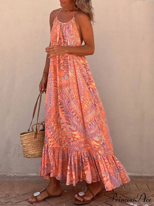 Golden Times Ethnic Print Graceful A-line Vacation Maxi Dress Multicolor / S