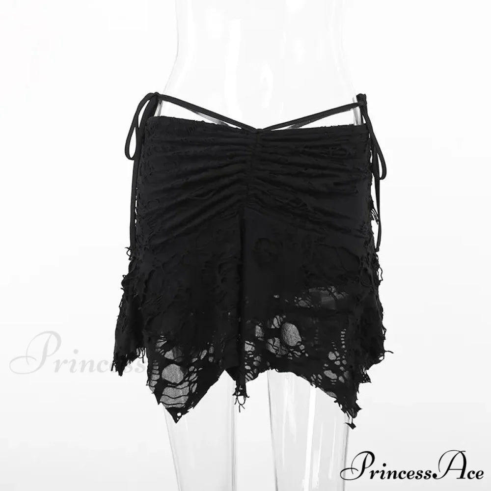 Goth Black Holes Lace-up Mini Sexy Vintage Folds Irregular Bodycon Short Women New Fashion Skirt Black / S