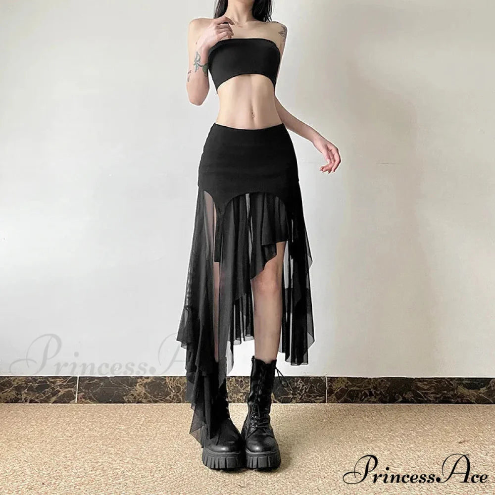 Goth Cyber Y2K Irregular Hem Mid Harajuku Fashion Streetwear Mesh Patchwork Club Alt Skirt