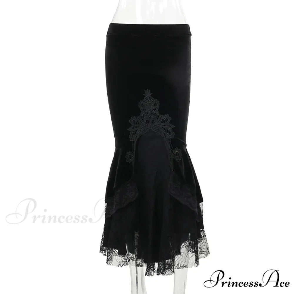 Goth Dark Vintage Mall Gothic Ruffles Mermaid Grunge Aesthetic Lace Hem Midi Women Elegant Skirt Black / S