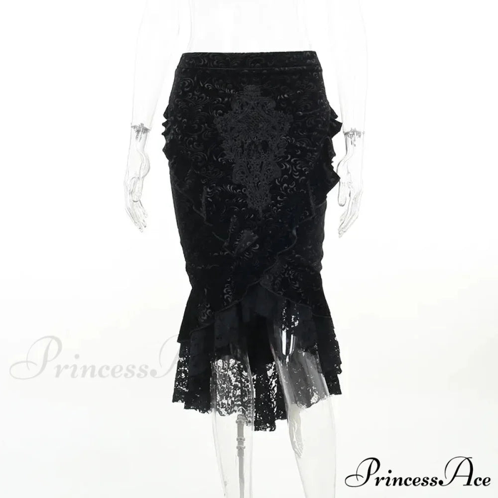 Goth Dark Vintage Mall Gothic Ruffles Mermaid Grunge Aesthetic Lace Hem Midi Women Elegant Skirt BLACK / S
