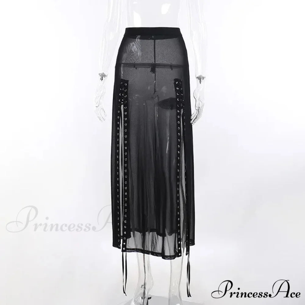 Goth Mesh Perspective Side Slit Lace Up Dark Aesthetical Summer Skirt BLACK / S