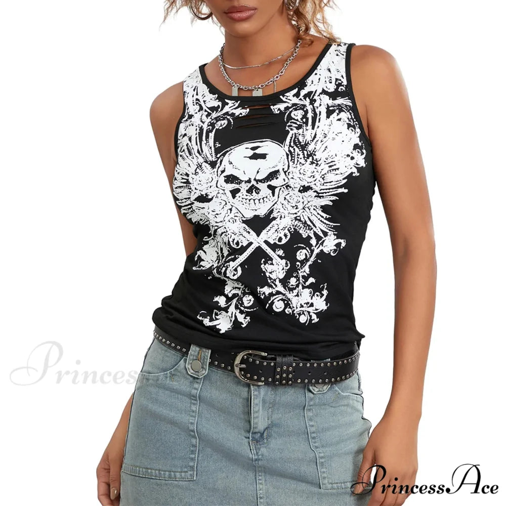 Goth Tank Fairy Grunge Skull Print Hollow-Out Sleeveless Summer Running Crop Top Black / S