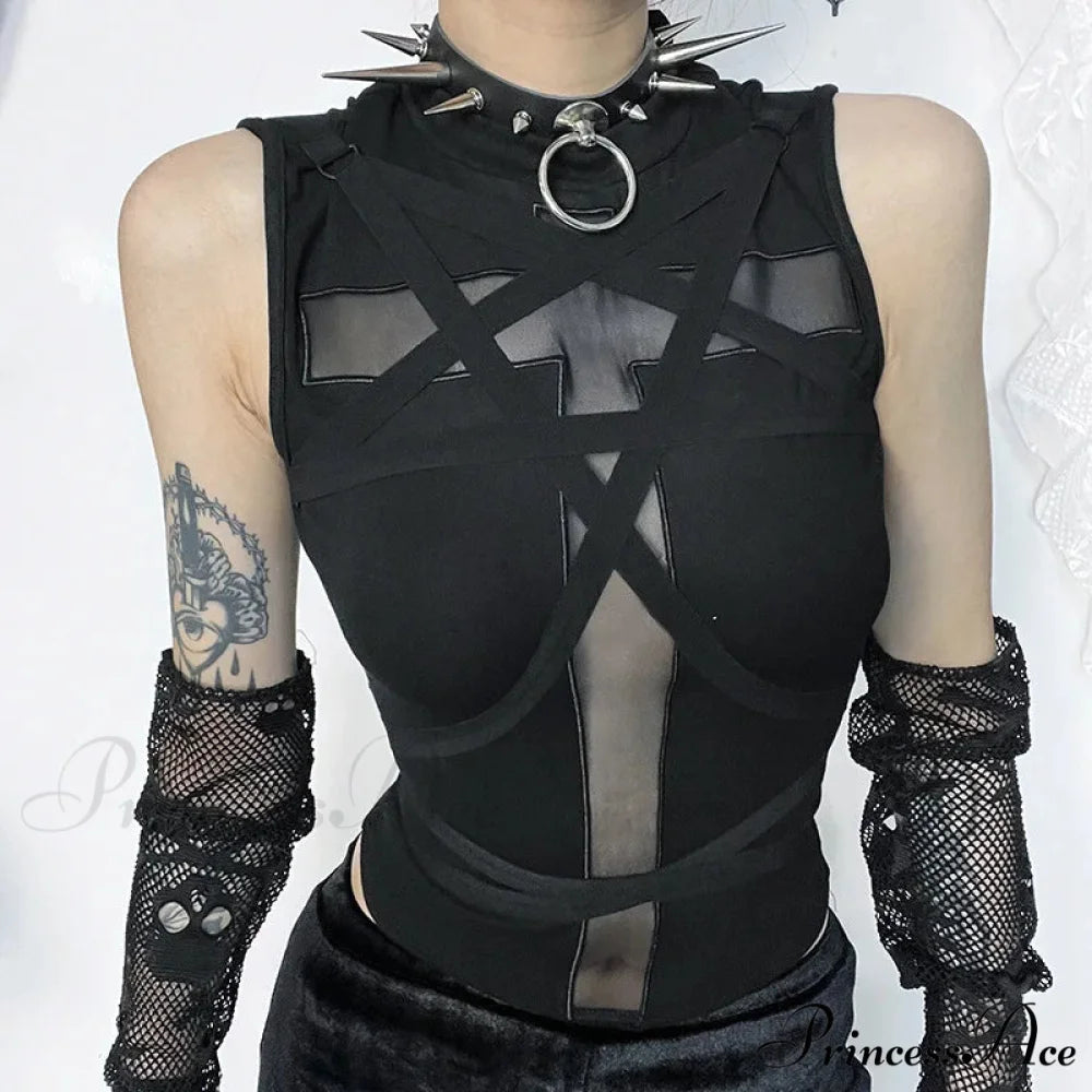 Goth Vintage Harajuku Punk Aesthetic Bandage Sleeveless Crop Top Black / S