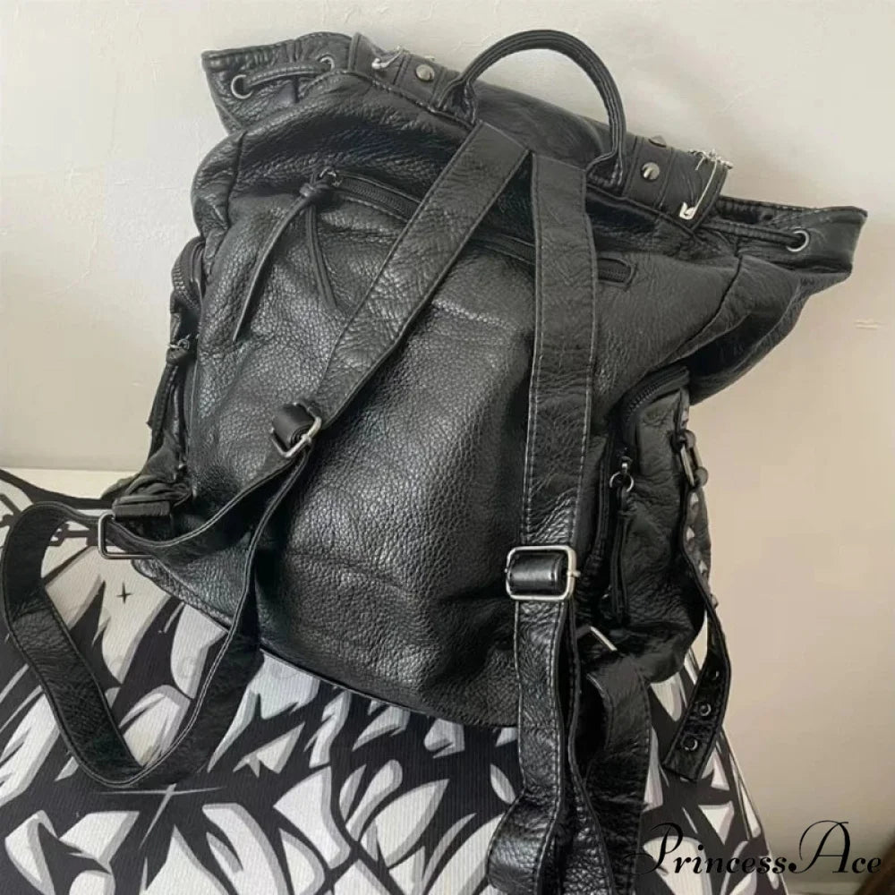 Goth Y2k Black Punk Rivet Chain Skeleton Fashion Women Backpack Bag Black / 40X35cm