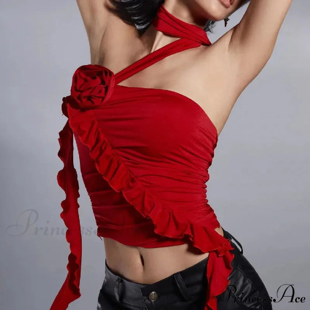 Gothic Backless Aesthetic Flower Ruffles Off Shoulder Crop Top Red / S