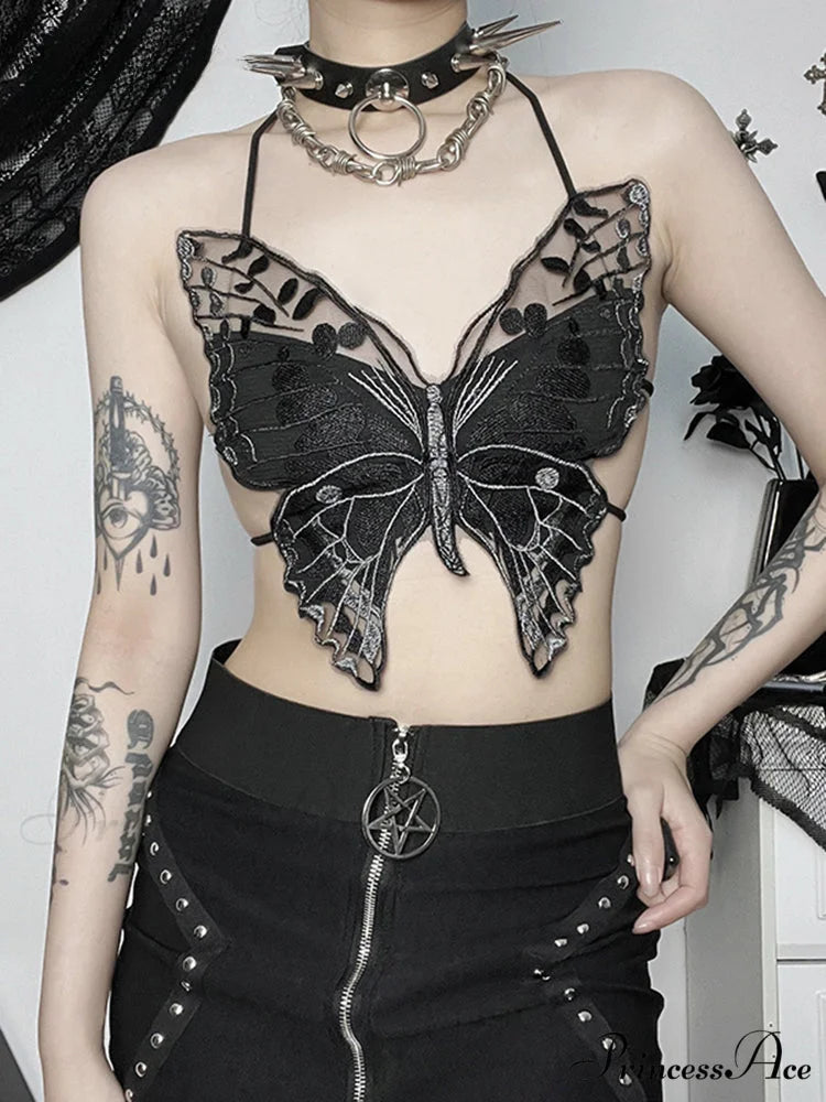 Gothic Backless Hollow Out Lace Butterfly Summer Streetwear Crop Top Black / One Size