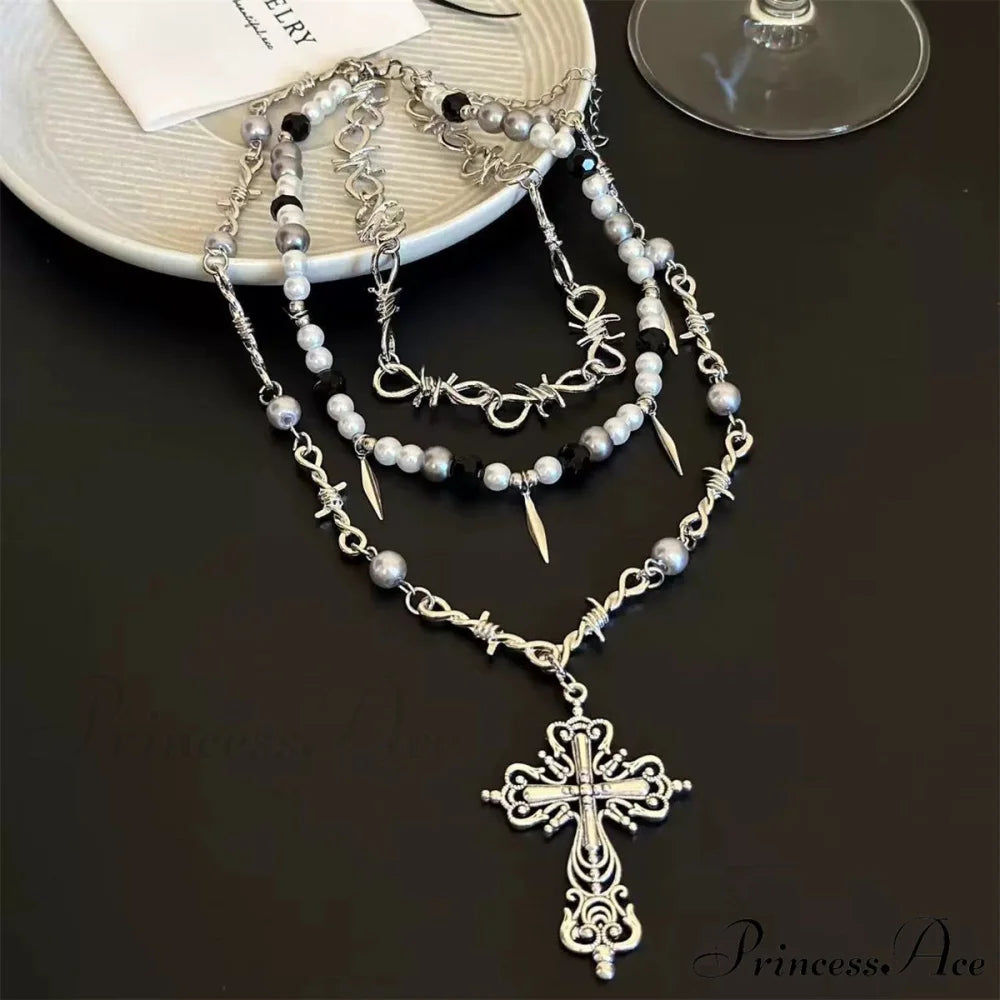 Gothic Beaded Thorn Heavy Punk Cross Pendant Vintage Layered Necklace SILVER