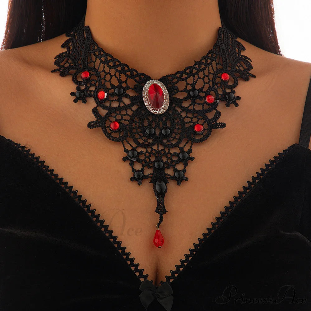 Gothic Blood Drop Gem Tassel Cross Halloween Necklace BLACK