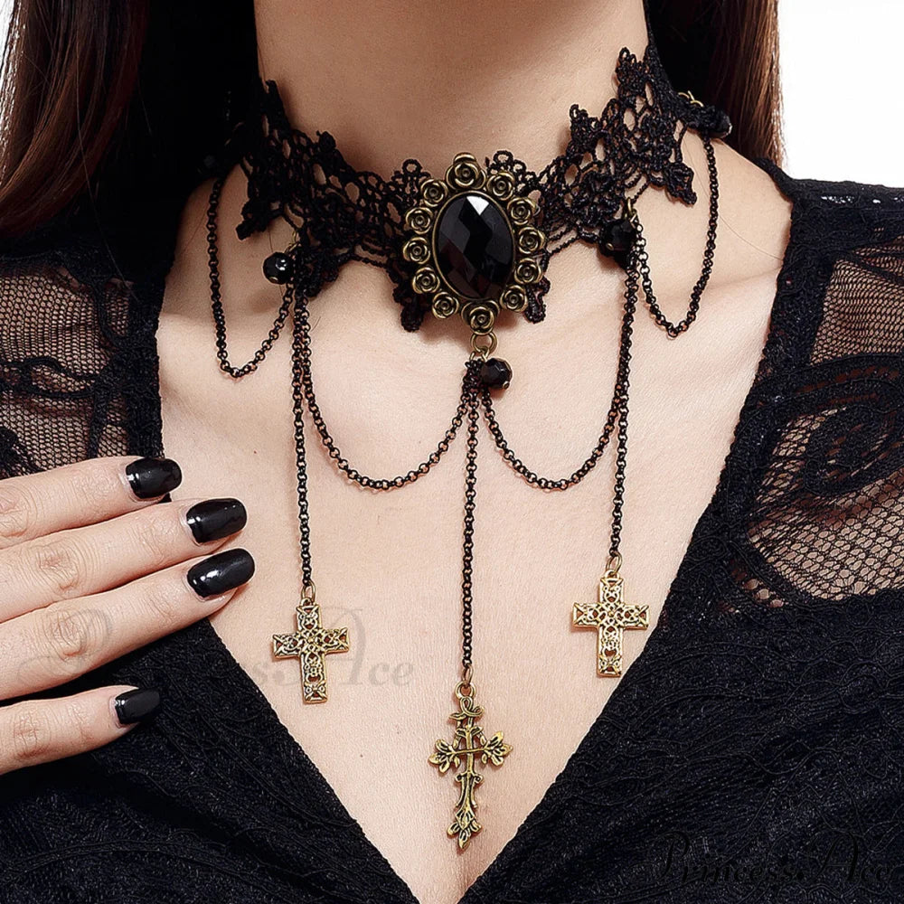 Gothic Blood Drop Gem Tassel Cross Halloween Necklace BLACK