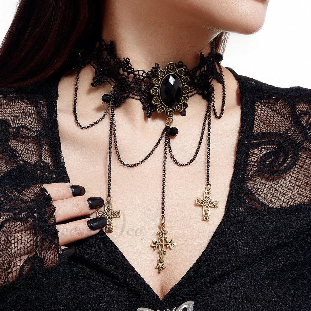 Gothic Blood Drop Gem Tassel Cross Halloween Necklace BLACK