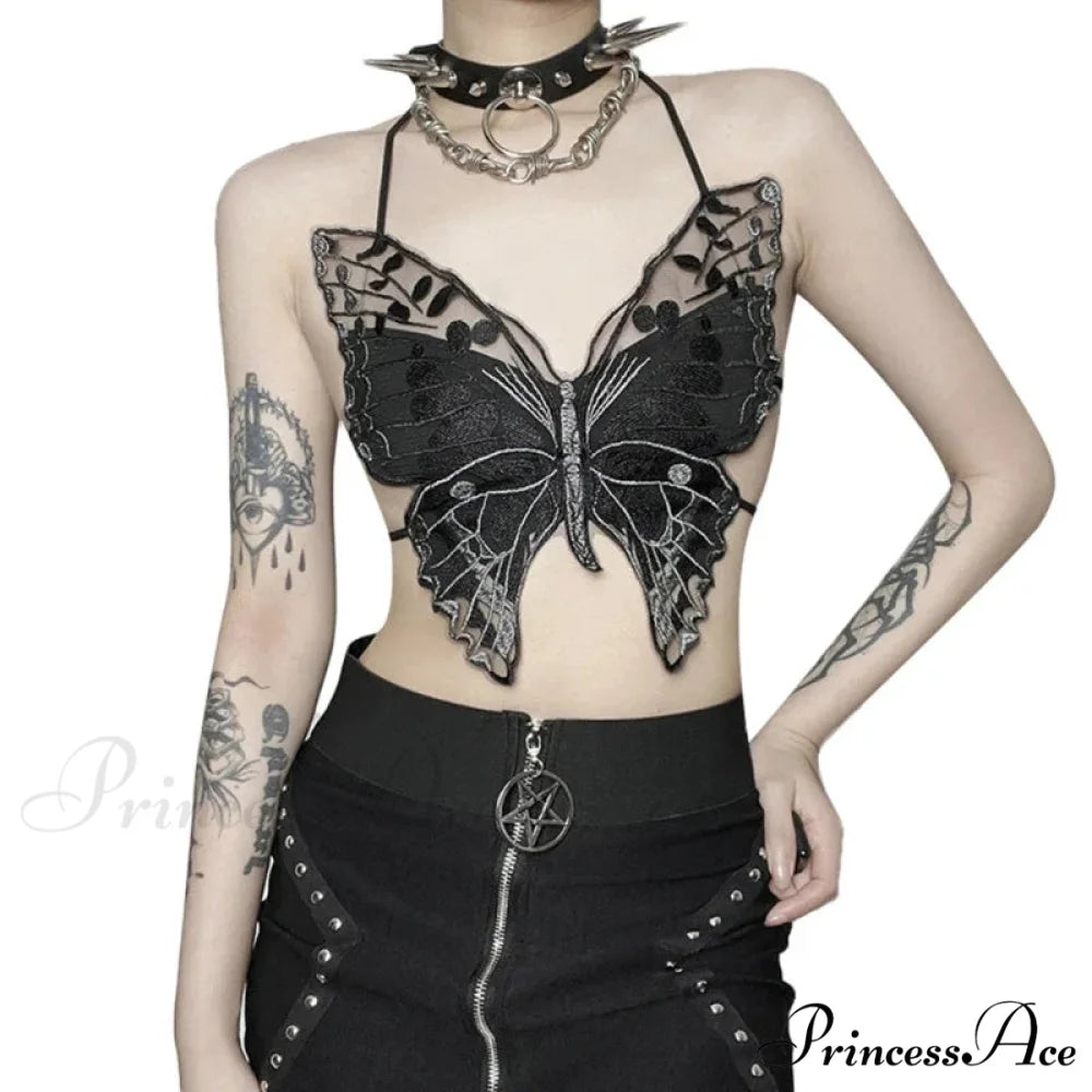 Gothic Butterfly-Shape Sexy Black Halter Strappy Backless Crop Top Black / One Size