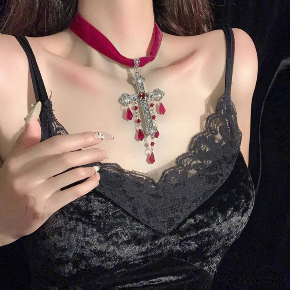 Gothic Cross Blood Drop Tassel Red Velvet Unique Necklace RED