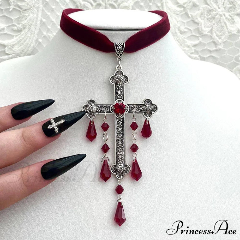 Gothic Cross Blood Drop Tassel Red Velvet Unique Necklace RED