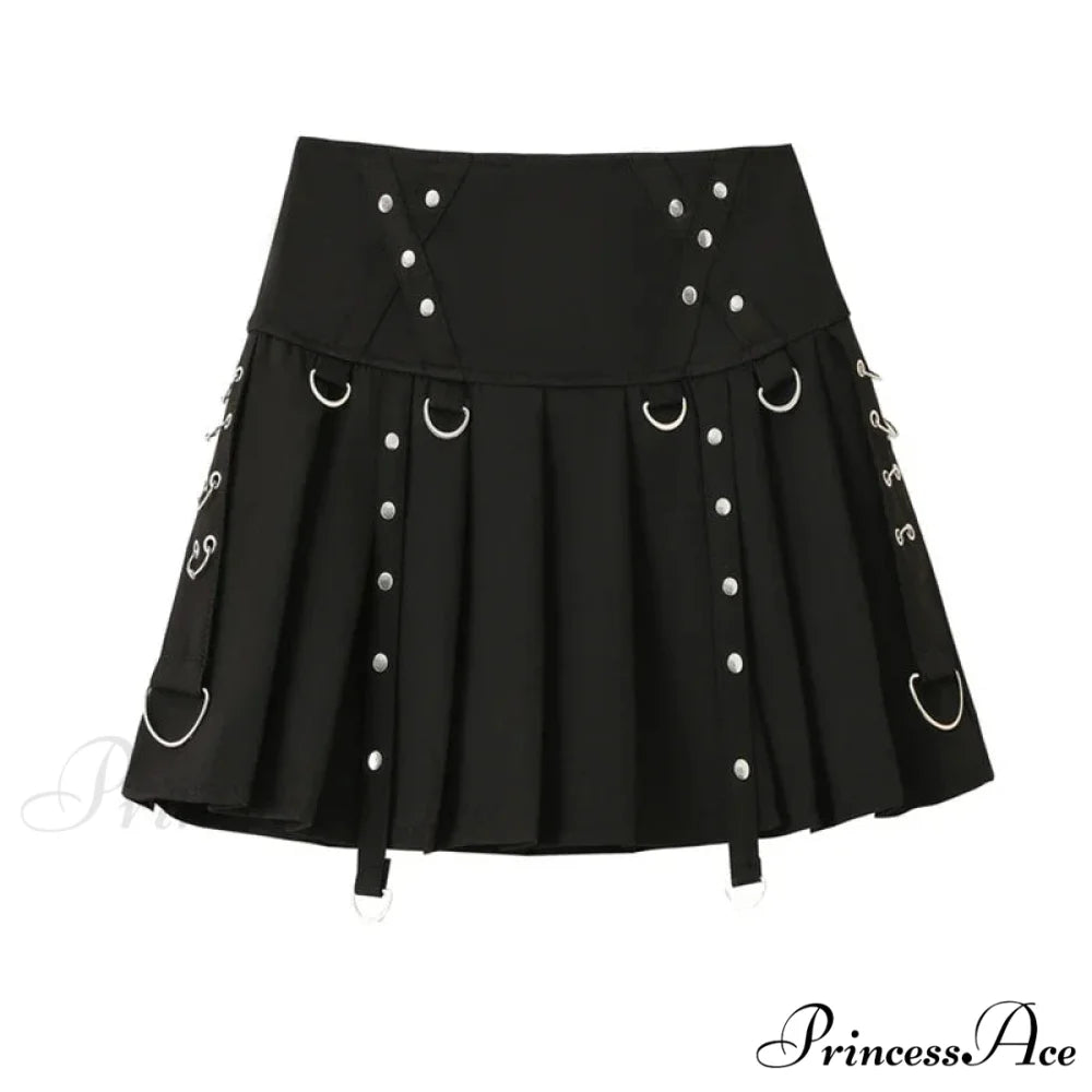 Gothic Diablo Harajuku Personality Spice Rivet Metal Buckle Streamer Low Waist A Version Short Pleated Skirt BLACK / S