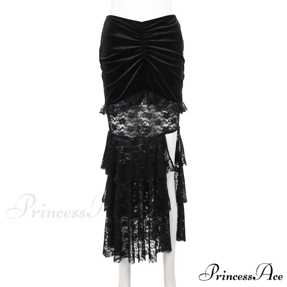 Gothic Folding Fishtail Multi-layer Splicing Split Woman Velvet High Waist Lace Patchwork Mermaid Skirt Black / S