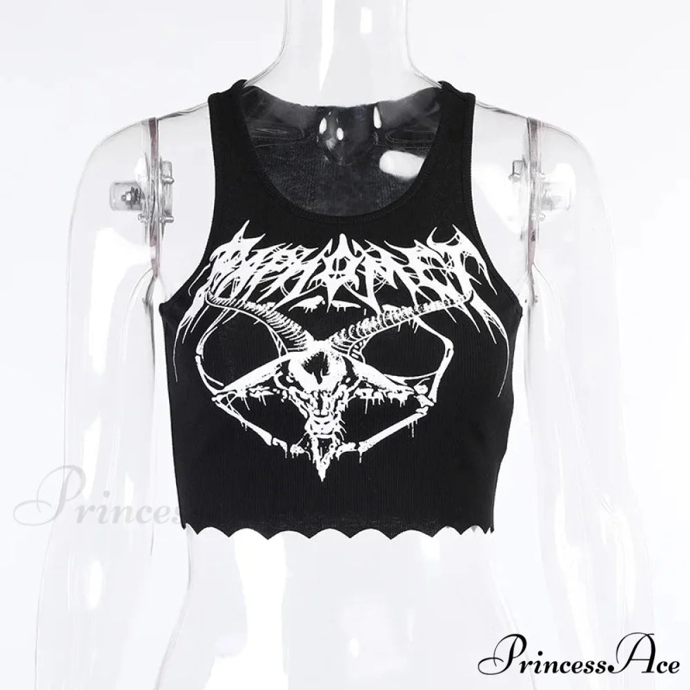 Gothic Grunge Knitted Punk Black Goat Print Crop Top BLACK / S