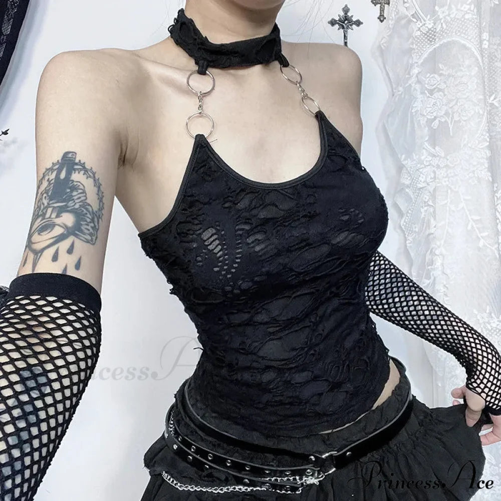 Gothic Halter Cyberpunk Y2K Backless Ring Bodycon Harajuku Basic Sexy Crop Top Black / S