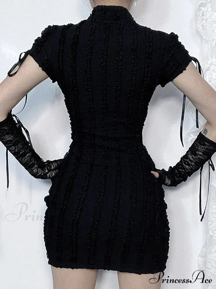 Gothic Hollow Out Small Vertical Collar Short Sleeve Grunge Knitted Hip Texture Dress