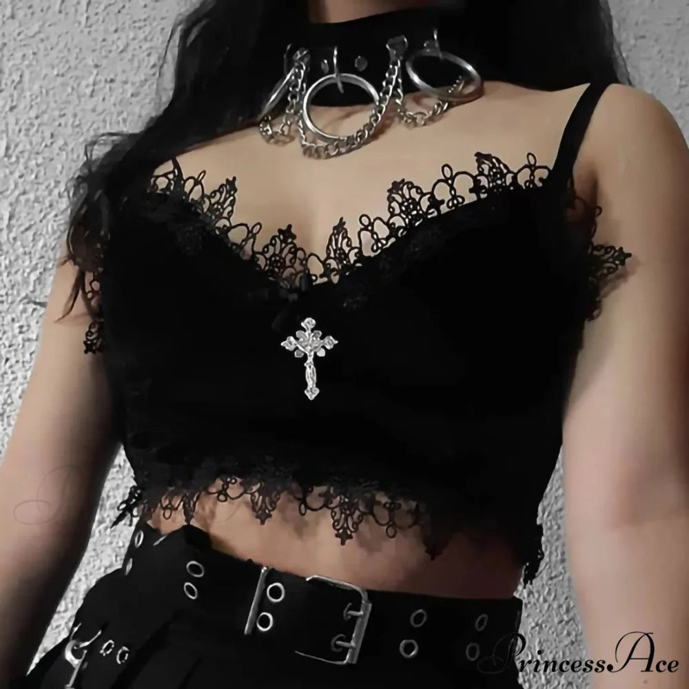 Gothic Lace Bandage Velvet Sleeveless Crop Top Black / S