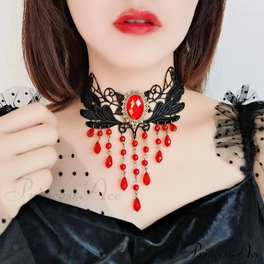 Gothic Lace Choker Necklace Black Punk Minimalist Necklace RED