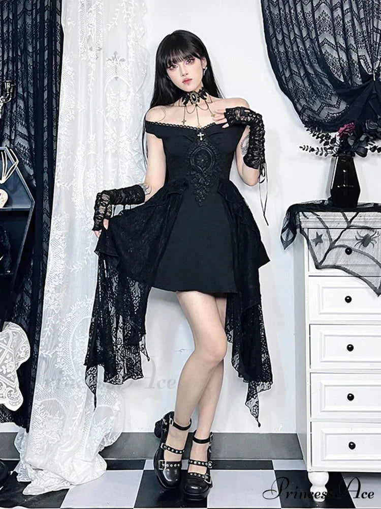 Gothic Lace Pleated Off Shoulder Fluffy Floral Patchwork Retro A Line Grunge Dress Black / XS
