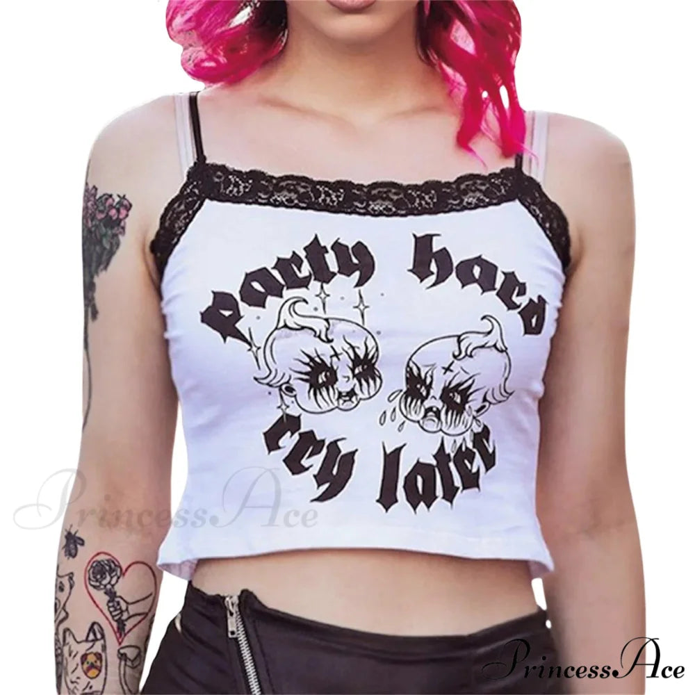 Gothic Lace Trim U-neck Exposed Navel Crop Top WHITE / S