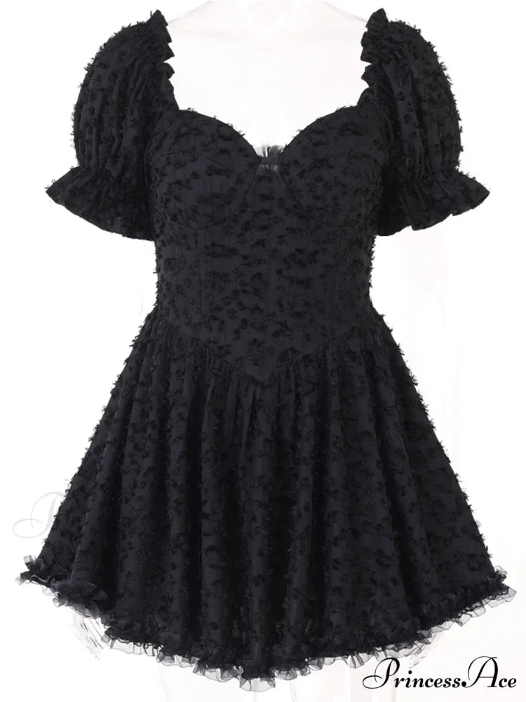 Gothic Lolita Women’s Vintage High Waist Black Ball Gown Goth Puff Sleeve V-neck Dress