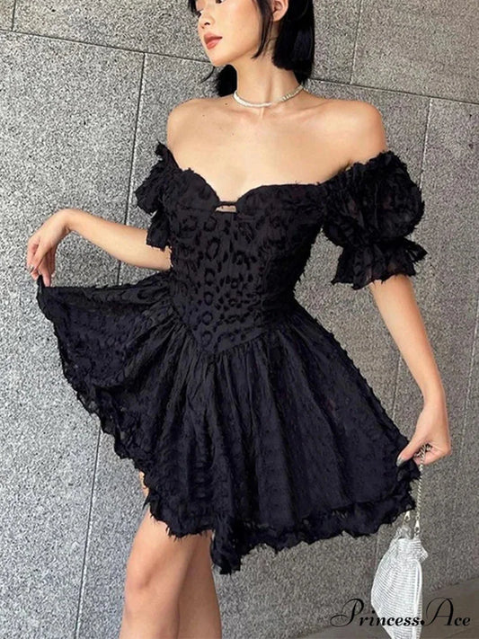 Gothic Lolita Women’s Vintage High Waist Black Ball Gown Goth Puff Sleeve V-neck Dress Black / S