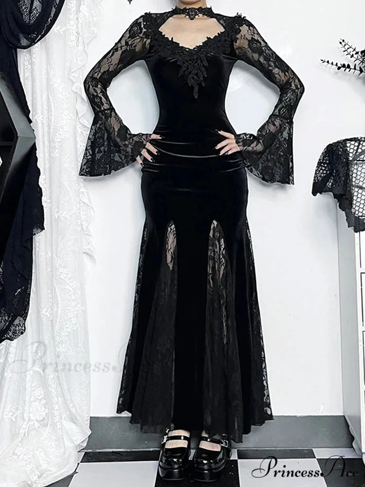 Gothic Long Sleeve Lace Ruched Fishtail Bodycon Mermaid Cocktail Maxi Dress