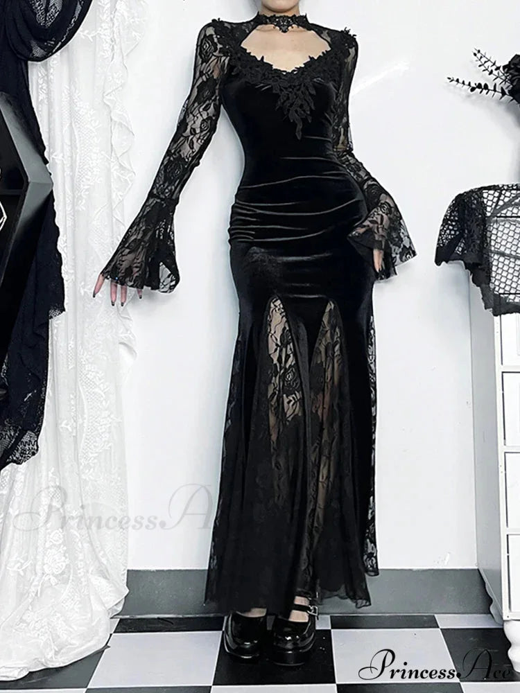 Gothic Long Sleeve Lace Ruched Fishtail Bodycon Mermaid Cocktail Maxi Dress