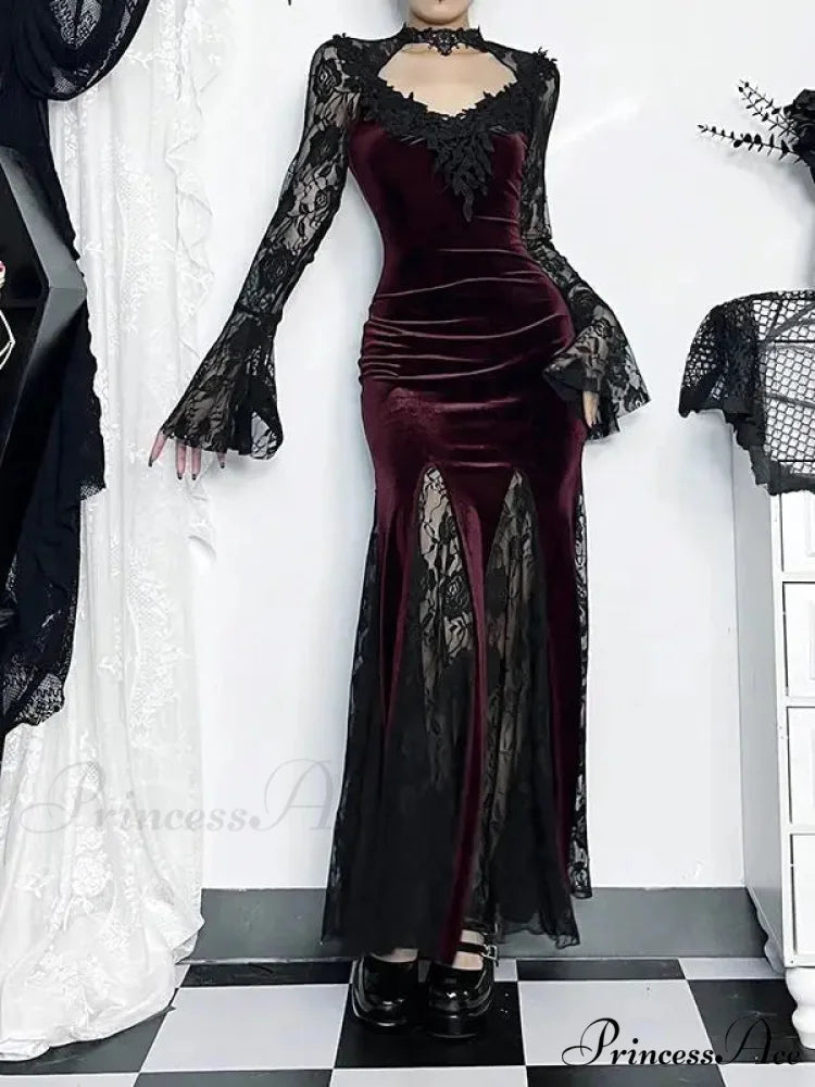 Gothic Long Sleeve Lace Ruched Fishtail Bodycon Mermaid Cocktail Maxi Dress Claret / S